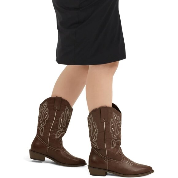 mysoft Women's Brown Western Cowboy Boots Mid Calf Pointed Toe Cowgirl - Picture 3 of 6